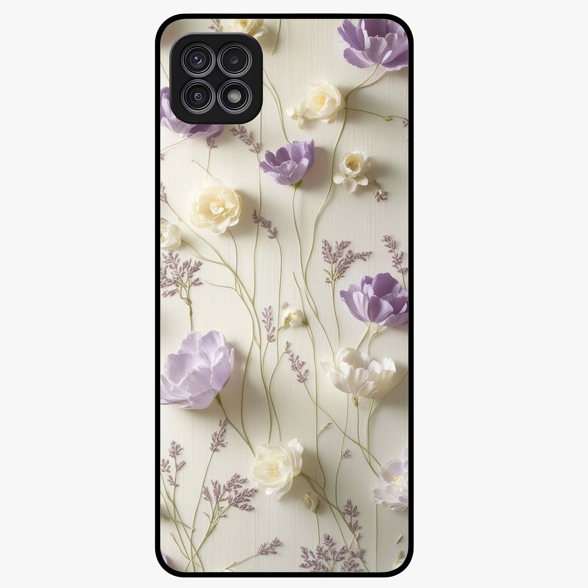 Lilac Breeze Harmony Glass Case showing flat back view with soft lilac themed artwork and glossy glass finish.