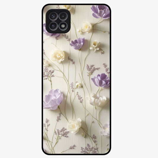Lilac Breeze Harmony Glass Case showing flat back view with soft lilac themed artwork and glossy glass finish.