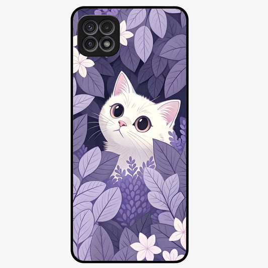 Lilac Hide Peek Cat Glass Case showing flat back view with cute peeking cat artwork and glossy glass finish.