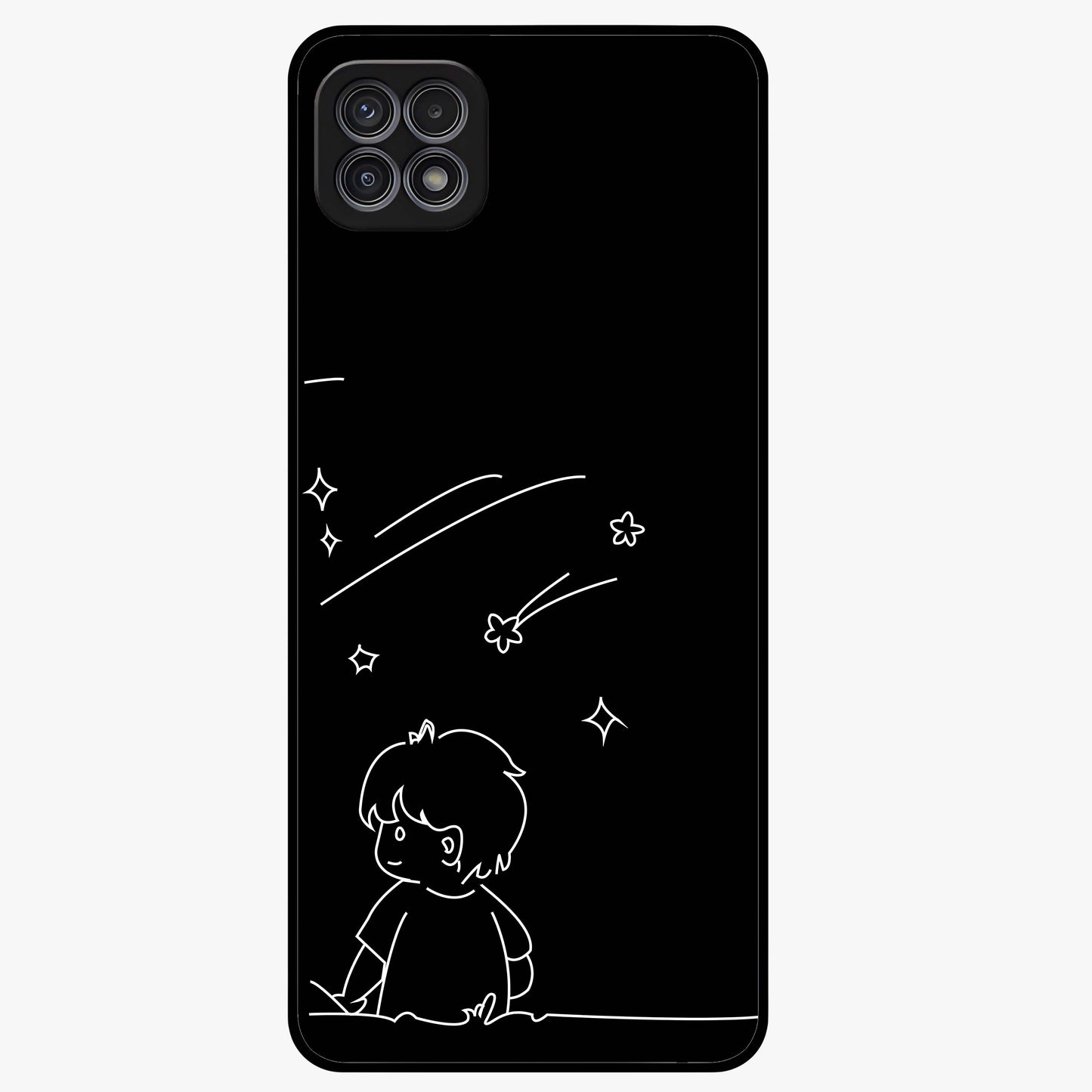 Line Art Boy With Shooting Stars Glass Case showing flat back view with minimal line art boy and shooting stars illustration and glossy glass finish.