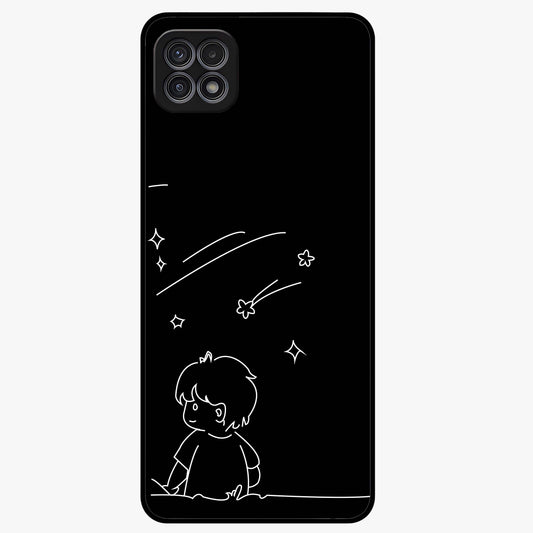 Line Art Boy With Shooting Stars Glass Case showing flat back view with minimal line art boy and shooting stars illustration and glossy glass finish.