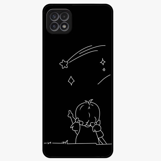 Line Art Girl With Shooting Stars Glass Case showing flat back view with minimal line art girl and shooting stars illustration and glossy glass finish.