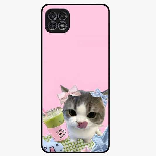 Love Matcha Cat Glass Case showing flat back view with cute cat and matcha themed artwork and glossy glass finish.