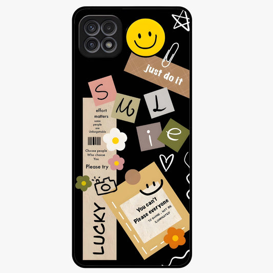 Lucky Aesthetic Collage Glass Case showing flat back view with trendy aesthetic collage artwork and glossy glass finish.