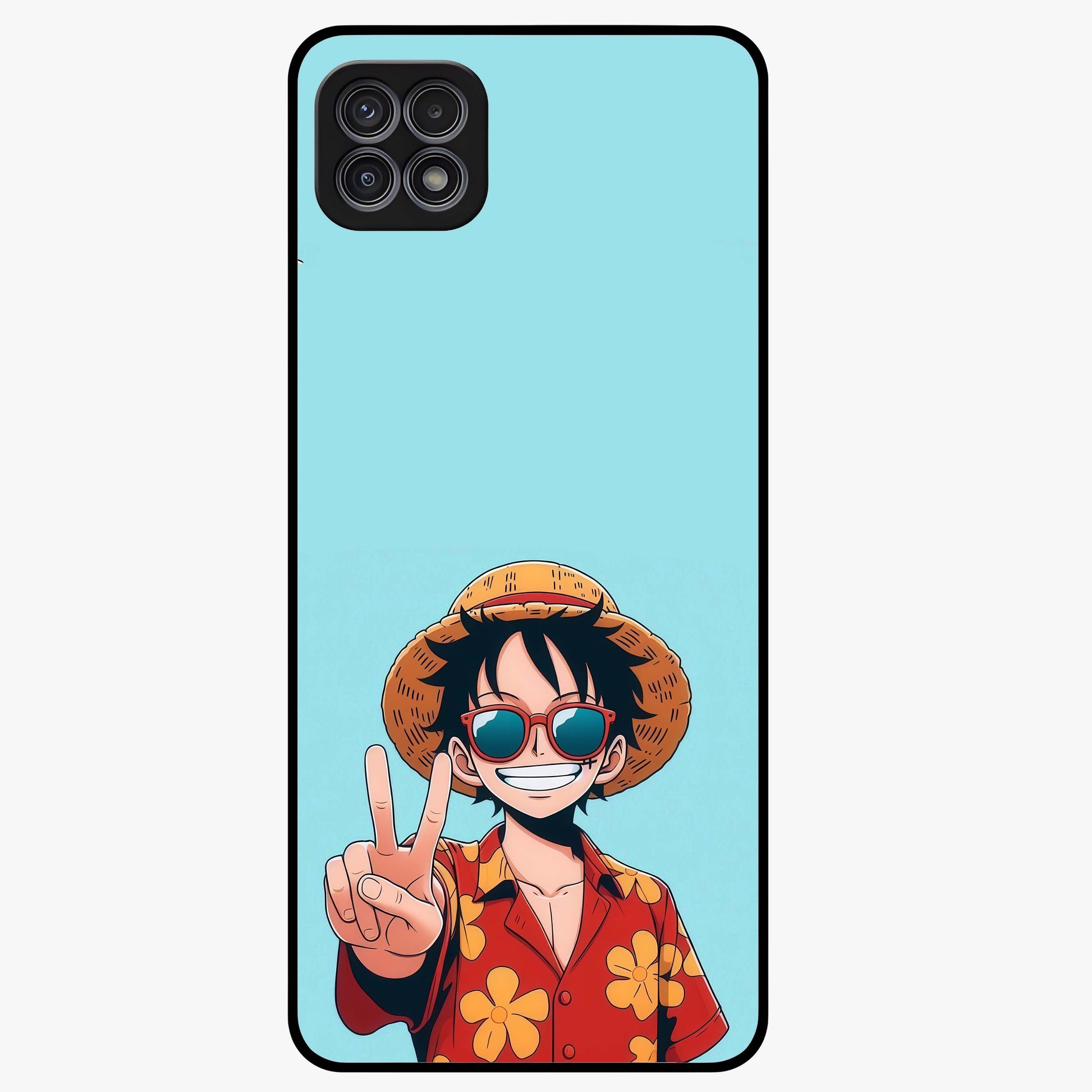 Luffy Summer Anime Vibe Glass Case showing flat back view with vibrant anime character artwork and glossy glass finish.