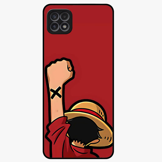 Luffy X Spirit Glass Case showing flat back view with bold anime character artwork and glossy glass finish.
