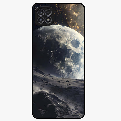 Lunar Horizon Glow Glass Case showing flat back view with glowing moon horizon artwork and glossy glass finish.