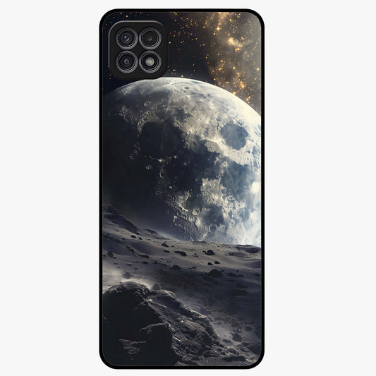 Lunar Horizon Glow Glass Case showing flat back view with glowing moon horizon artwork and glossy glass finish.