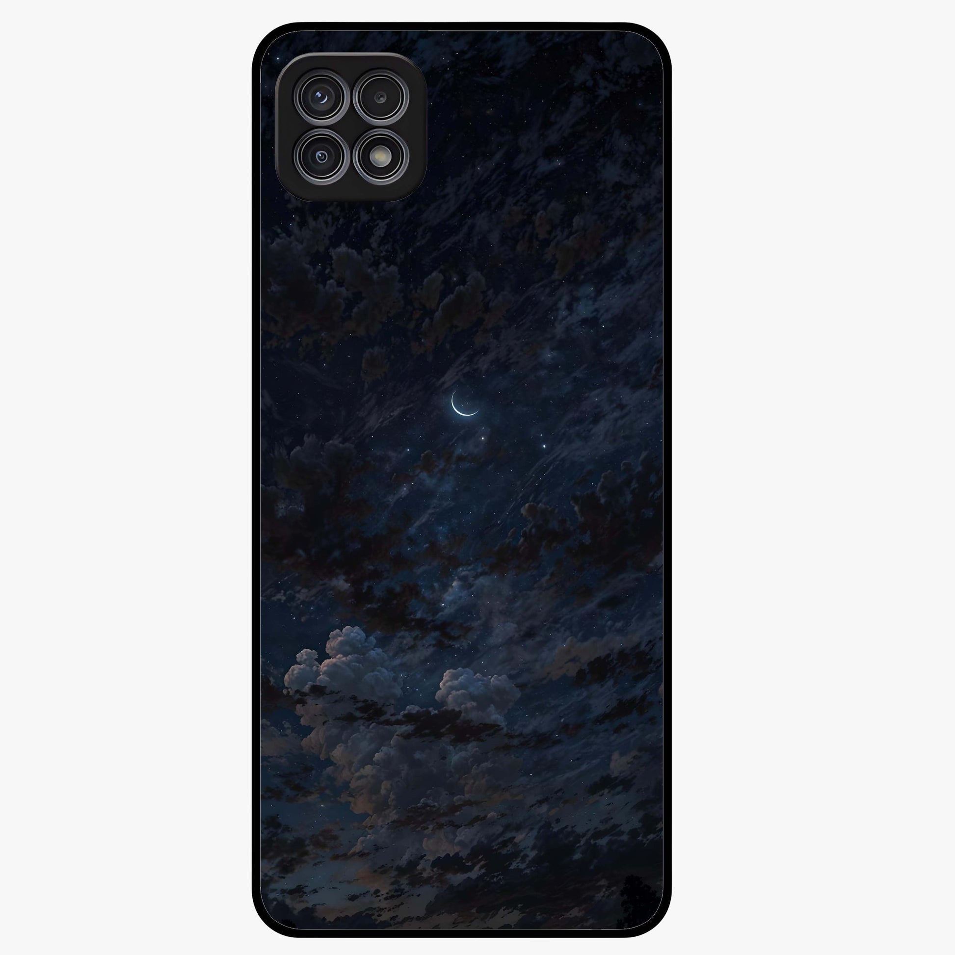 Lunar Veil Silence Glass Case showing flat back view with mystical moon veil artwork and glossy glass finish.