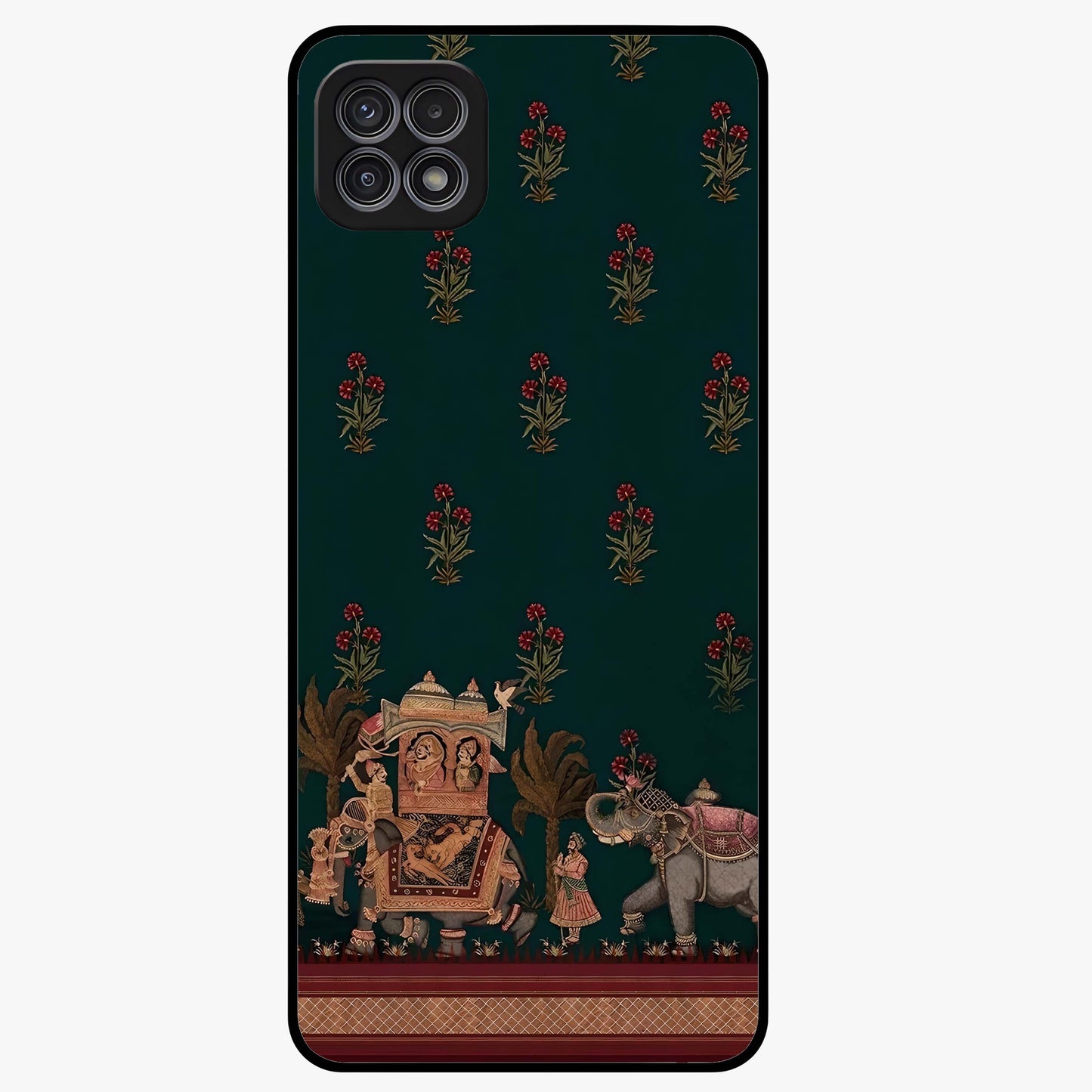 Macmerise Glass Case showing flat back view with stylish modern artwork and glossy glass finish.
