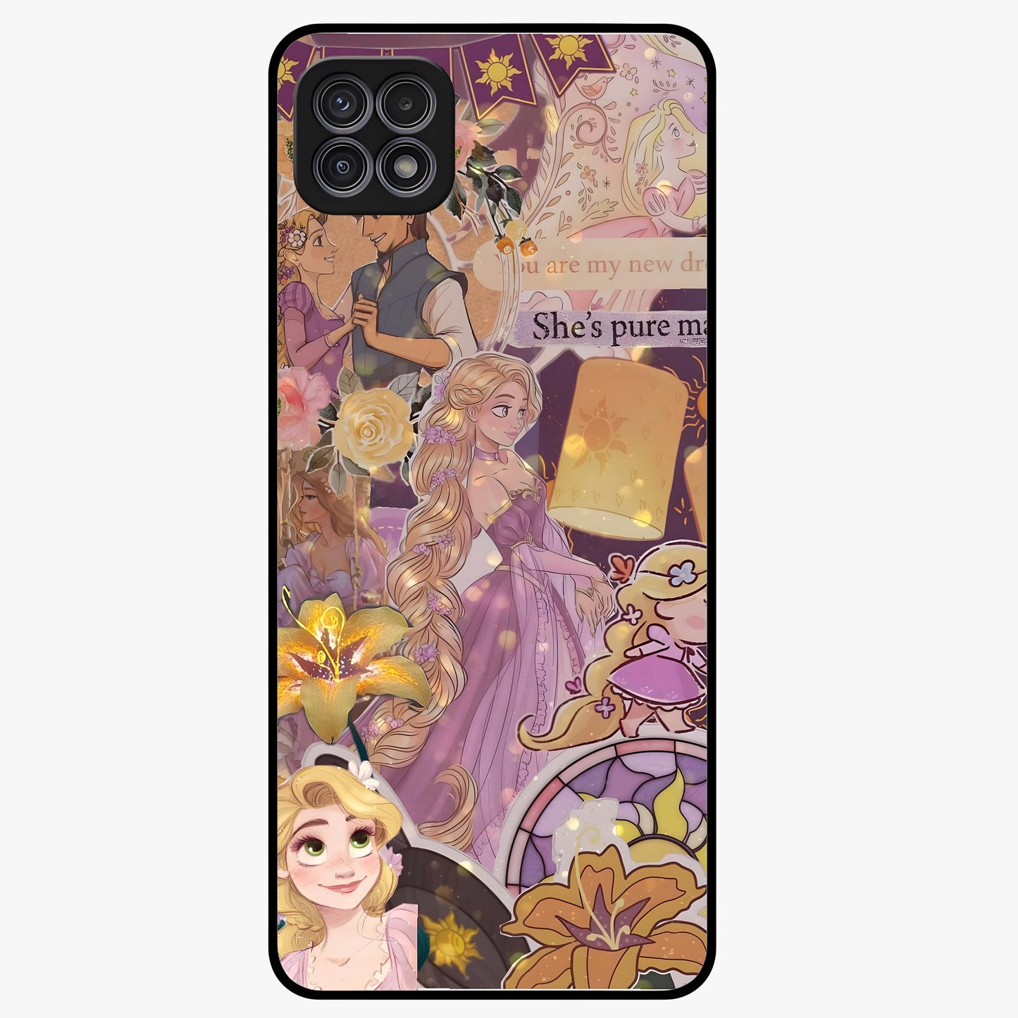 Magical Tangled Dream Glass Case showing flat back view with dreamy tangled artwork and glossy glass finish.