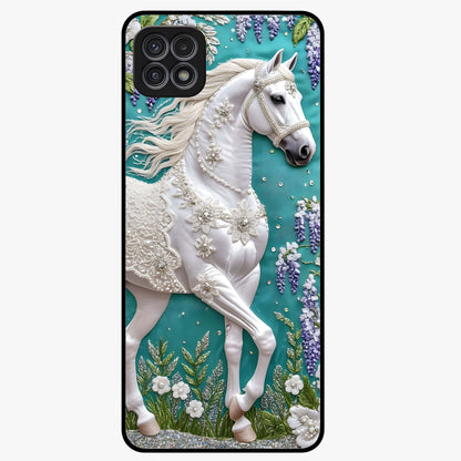 Majestic Floral Stallion Glass Case showing flat back view with powerful horse and floral artwork and glossy glass finish.