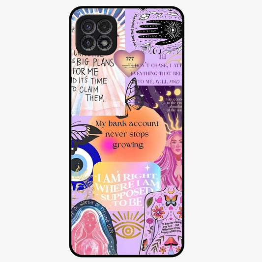 Manifestation Collage Glass Case showing flat back view with motivational collage artwork and glossy glass finish.