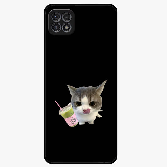 Matcha Cat Style Glass Case showing flat back view with cute matcha themed cat artwork and glossy glass finish.