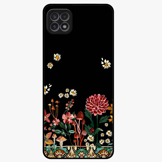 Midnight Bloom Pattern Glass Case showing flat back view with dark floral pattern artwork and glossy glass finish.