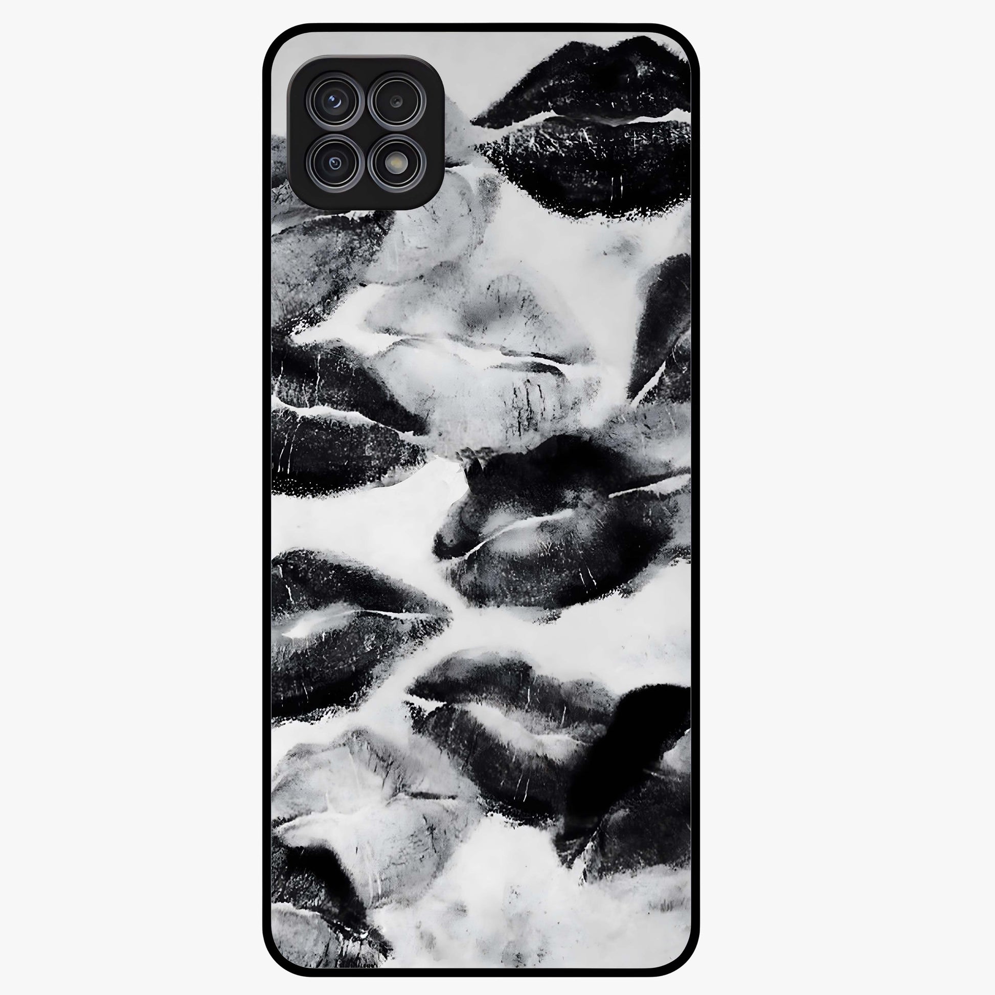 Midnight Kiss Marks Glass Case showing flat back view with lipstick kiss mark artwork and glossy glass finish.