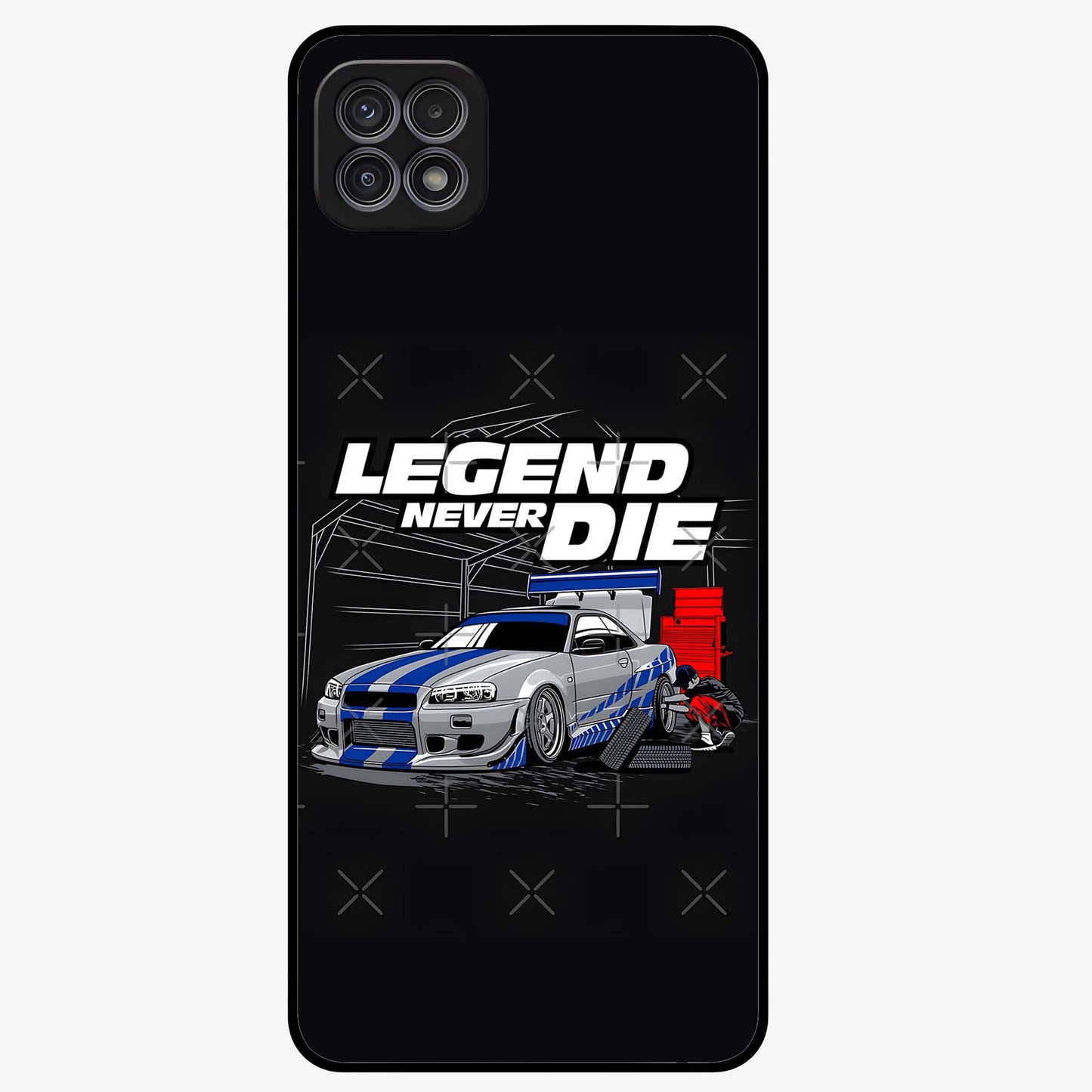 Midnight Racing Legacy Glass Case showing flat back view with sleek racing inspired artwork and glossy glass finish.
