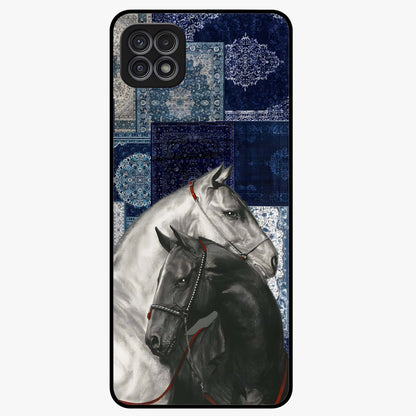 Midnight Stallion Blues Glass Case showing flat back view with majestic horse artwork and glossy glass finish.