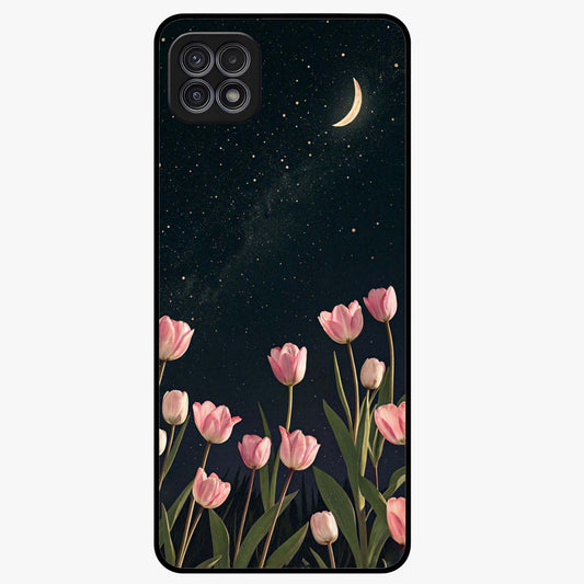 Midnight Tulip Whispers Vibe Glass Case showing flat back view with elegant tulip flower artwork and glossy glass finish.