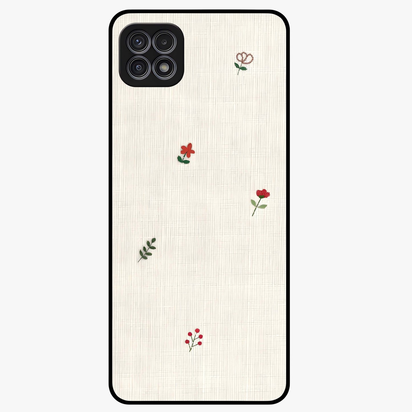Minimal Petal Whispers Glass Case showing flat back view with soft minimal floral artwork and glossy glass finish.