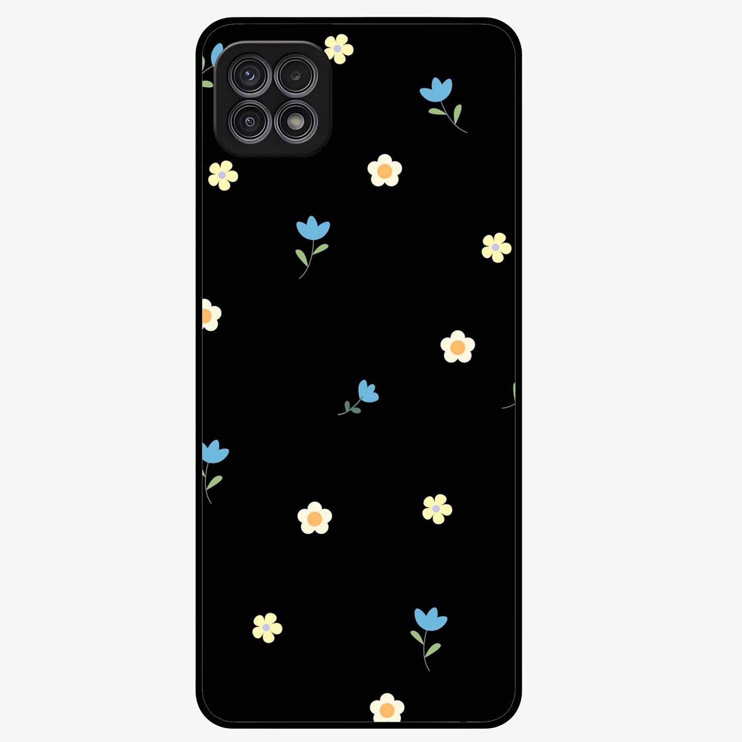 Minimalistic Blue With White Flower Pattern Glass Case showing flat back view with blue background and white flower pattern and glossy glass finish.