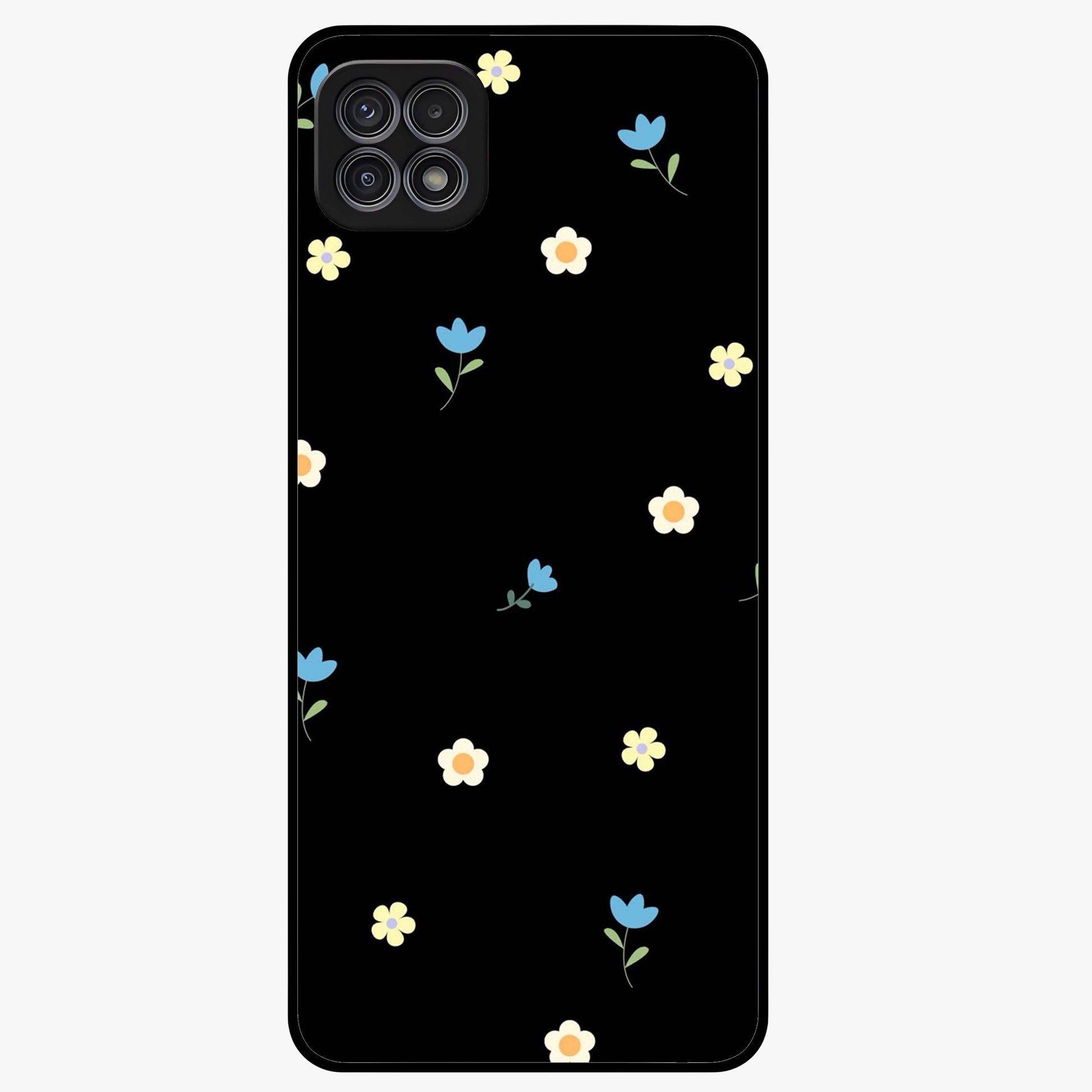 Minimalistic Blue With White Flower Pattern Glass Case showing flat back view with blue background and white flower pattern and glossy glass finish.