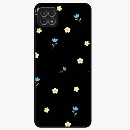 Minimalistic Blue With White Flower Pattern Glass Case showing flat back view with blue background and white flower pattern and glossy glass finish.