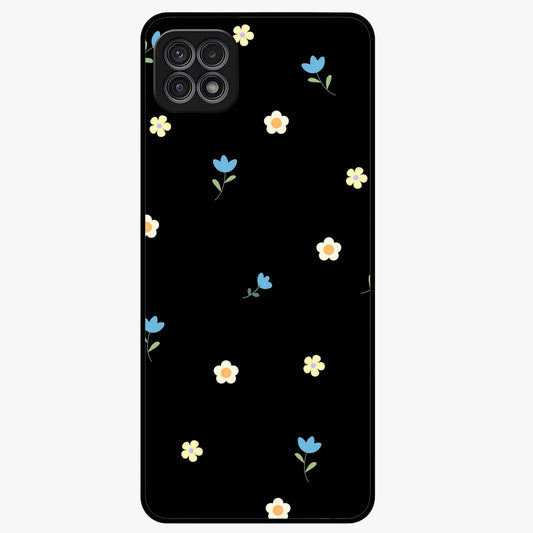 Minimalistic Blue With White Flower Pattern Glass Case showing flat back view with blue background and white flower pattern and glossy glass finish.