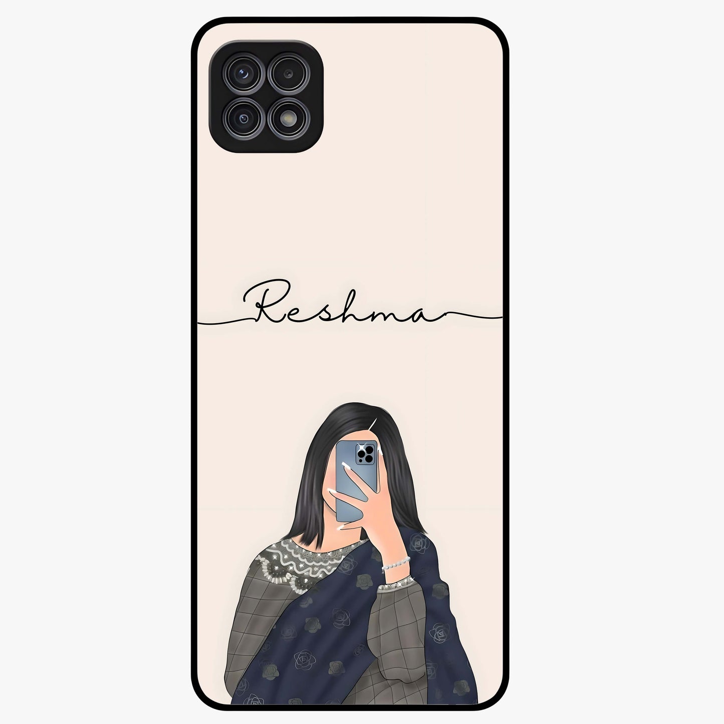 Mirror Mood Muse With Custom Name Glass Case showing flat back view with stylish mirrored artwork and personalized name design.