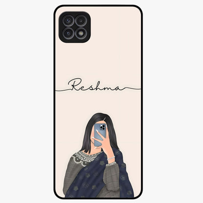 Mirror Mood Muse With Custom Name Glass Case showing flat back view with stylish mirrored artwork and personalized name design.