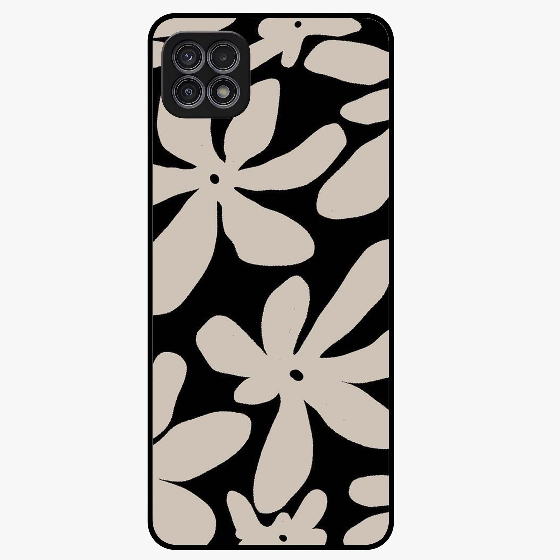 Monochrome Petal Dance Glass Case showing flat back view with monochrome floral artwork and glossy glass finish.