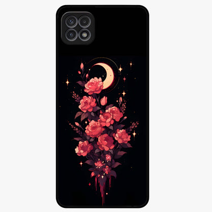Moonlit Floral Elegance Glass Case showing flat back view with elegant floral artwork under moonlit tones and glossy glass finish.