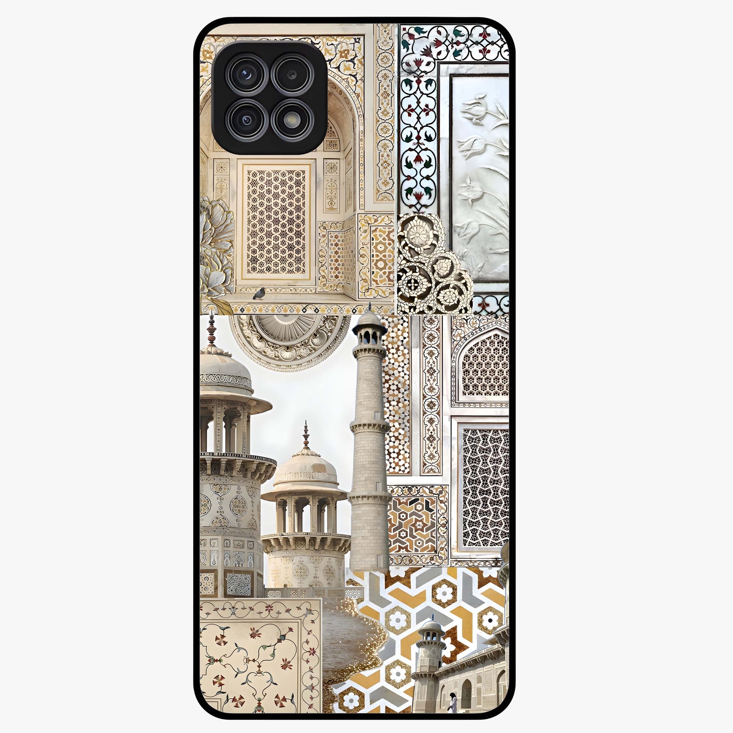 Mughal Marble Legacy Glass Case showing flat back view with intricate Mughal inspired marble pattern and glossy glass finish.
