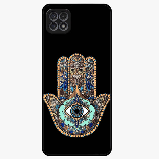 Mystic Hamsa Eye Glass Case showing flat back view with protective hamsa hand and evil eye artwork and glossy glass finish.