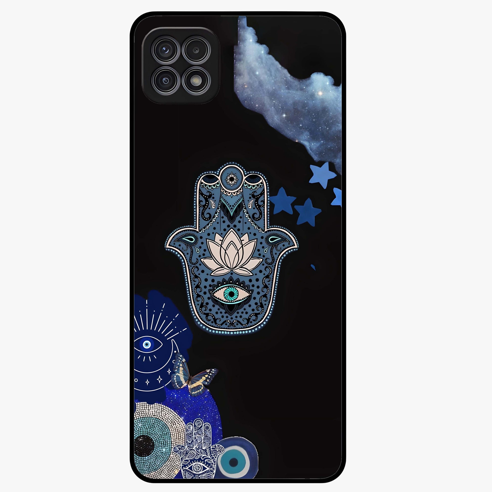 Mystic Hand Aura Glass Case showing flat back view with mystical hand symbol artwork and glossy glass finish.