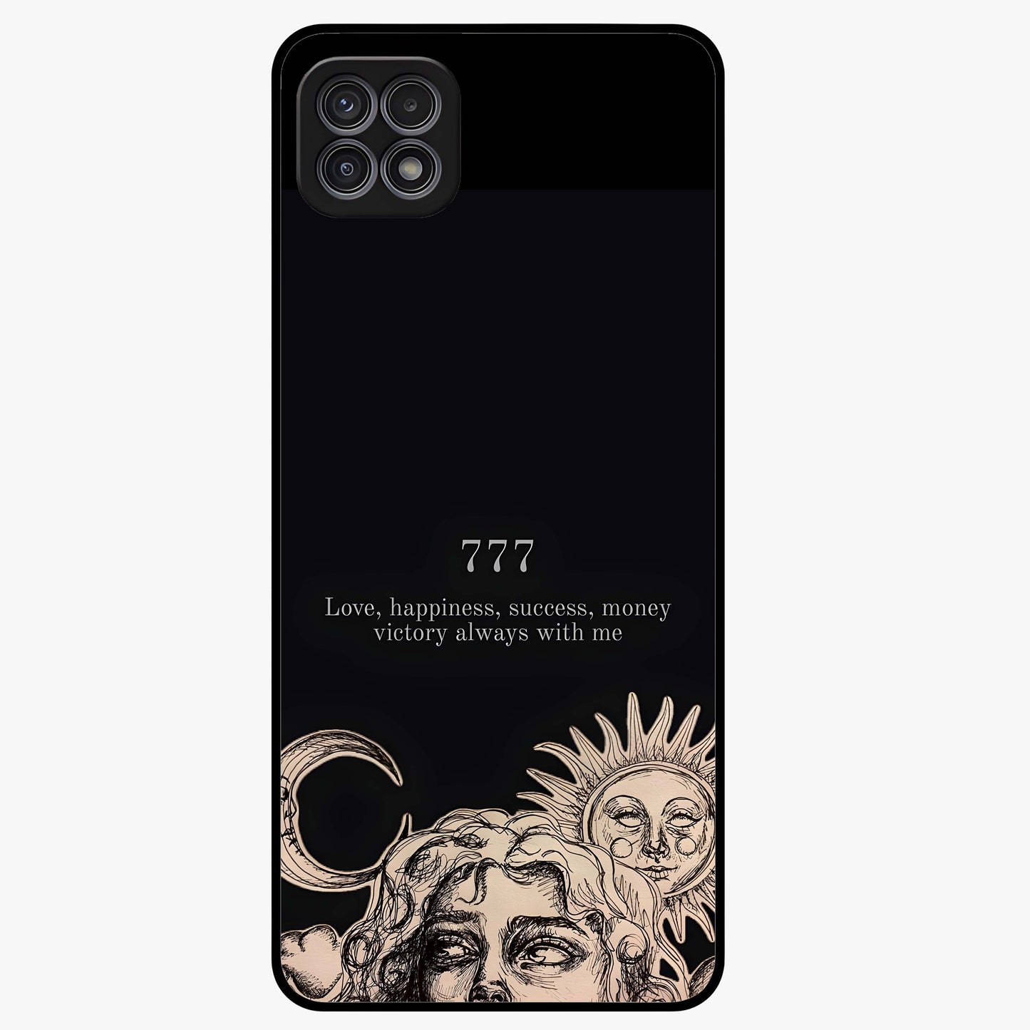 Mystic Victory Aura Glass Case showing flat back view with victory symbol artwork and glossy glass finish.