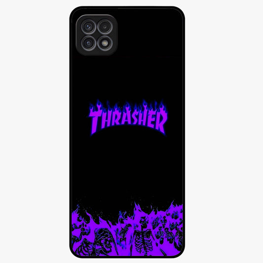 Neon Flame Riot Glass Case showing flat back view with neon flame artwork and glossy glass finish.