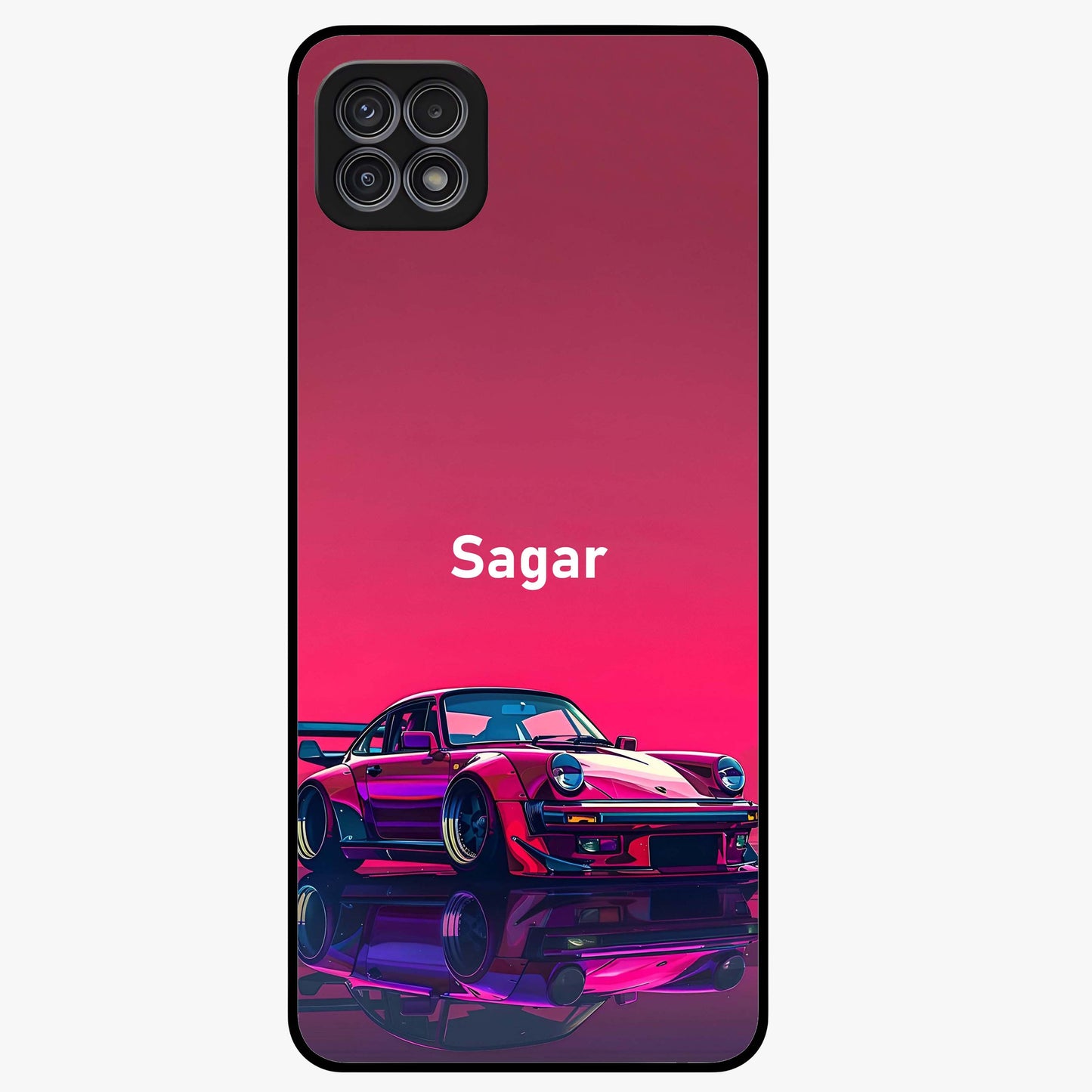 Neon Pink Porsche Glass Case showing flat back view with stylish sports car artwork and glossy glass finish.