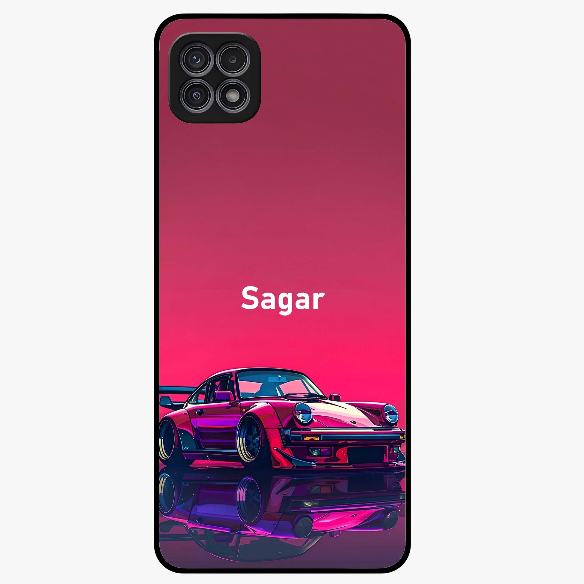 Neon Pink Porsche Glass Case showing flat back view with stylish sports car artwork and glossy glass finish.