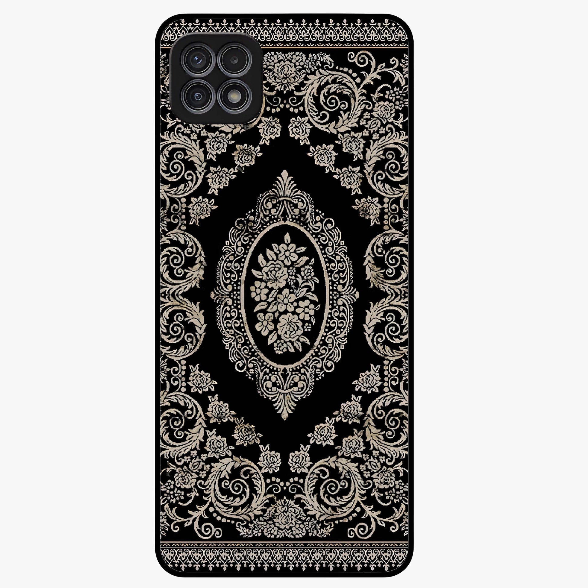 Noir Bloom Elegance Glass Case showing flat back view with elegant dark floral artwork and glossy glass finish.