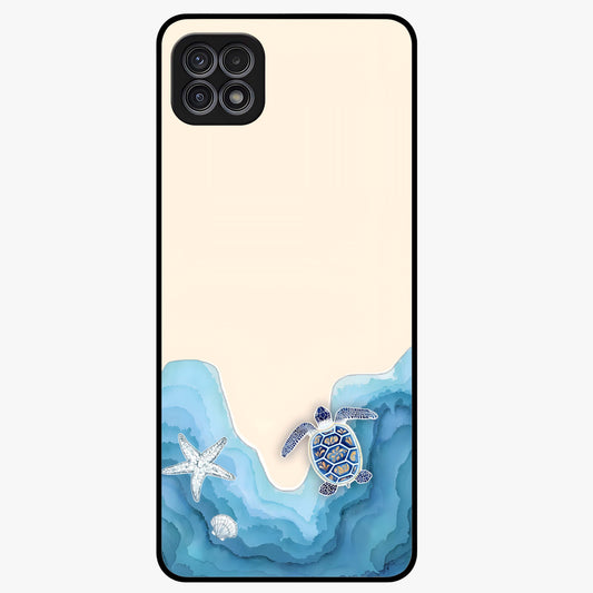 Ocean Drift Turtle Glass Case showing flat back view with sea turtle artwork and glossy glass finish.