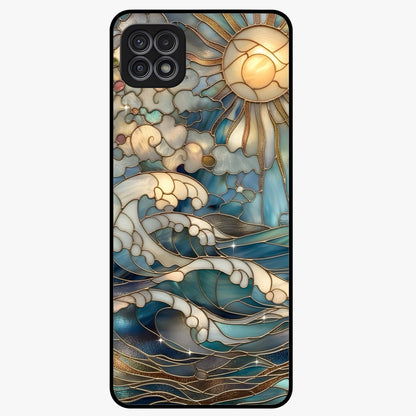 Oceanic Stained Printed Glass Case showing flat back view with ocean inspired stained pattern artwork and glossy glass finish.
