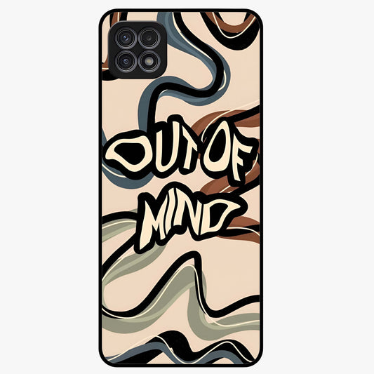 Out Of Mind Glass Case showing flat back view with expressive typography artwork and glossy glass finish.