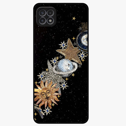 Pearls Universe Object Glass Case showing flat back view with pearl inspired cosmic artwork and glossy glass finish.