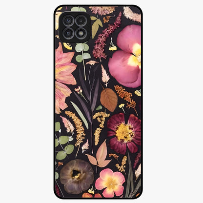 Petal Dream Tapestry Glass Case showing flat back view with intricate floral tapestry artwork and glossy glass finish.