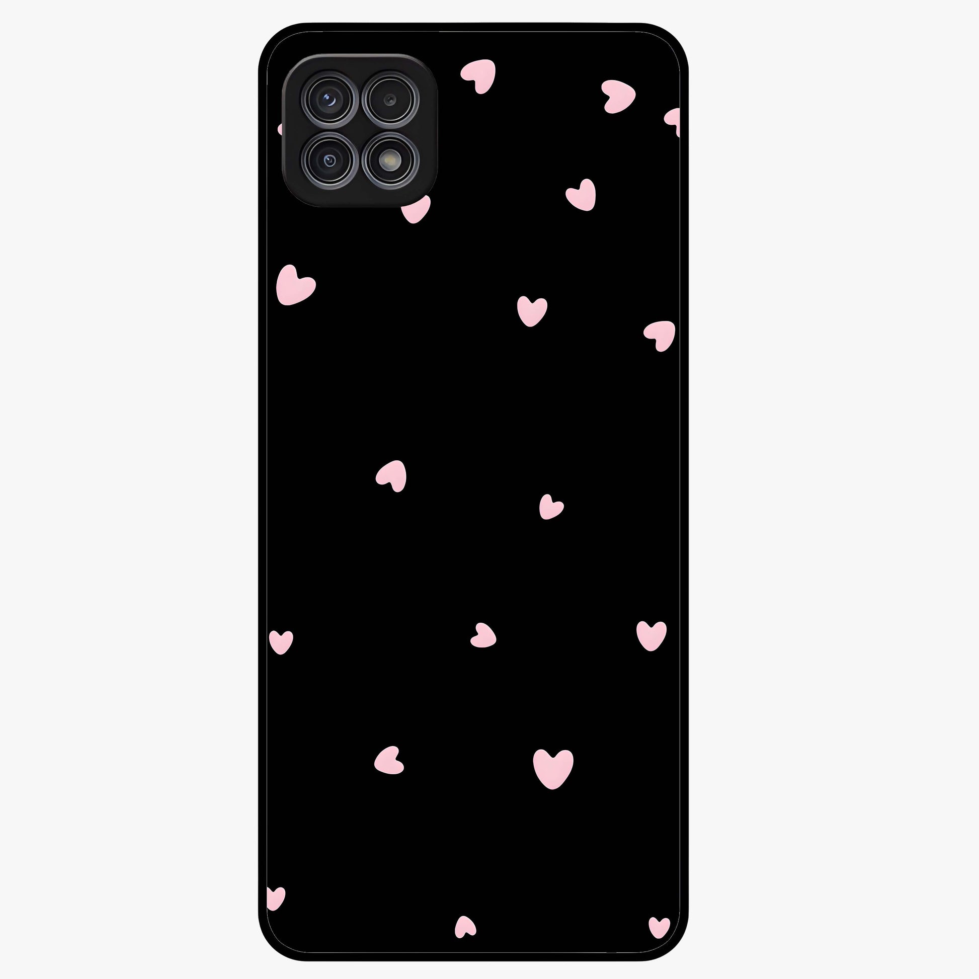 Pink Love Drops Glass Case showing flat back view with playful pink heart drops artwork and glossy glass finish.