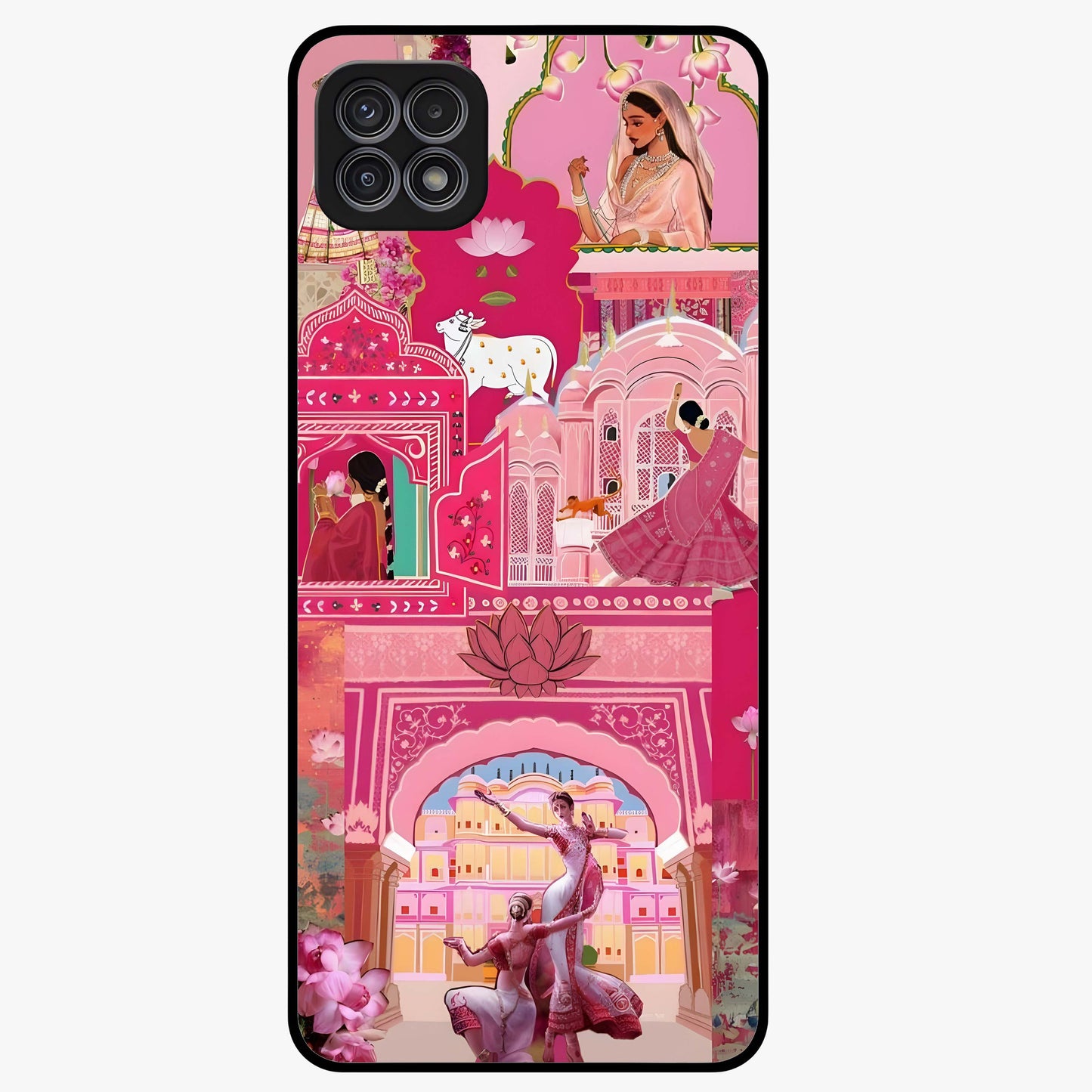 Pink Palace Muse Glass Case showing flat back view with elegant palace inspired artwork and glossy glass finish.