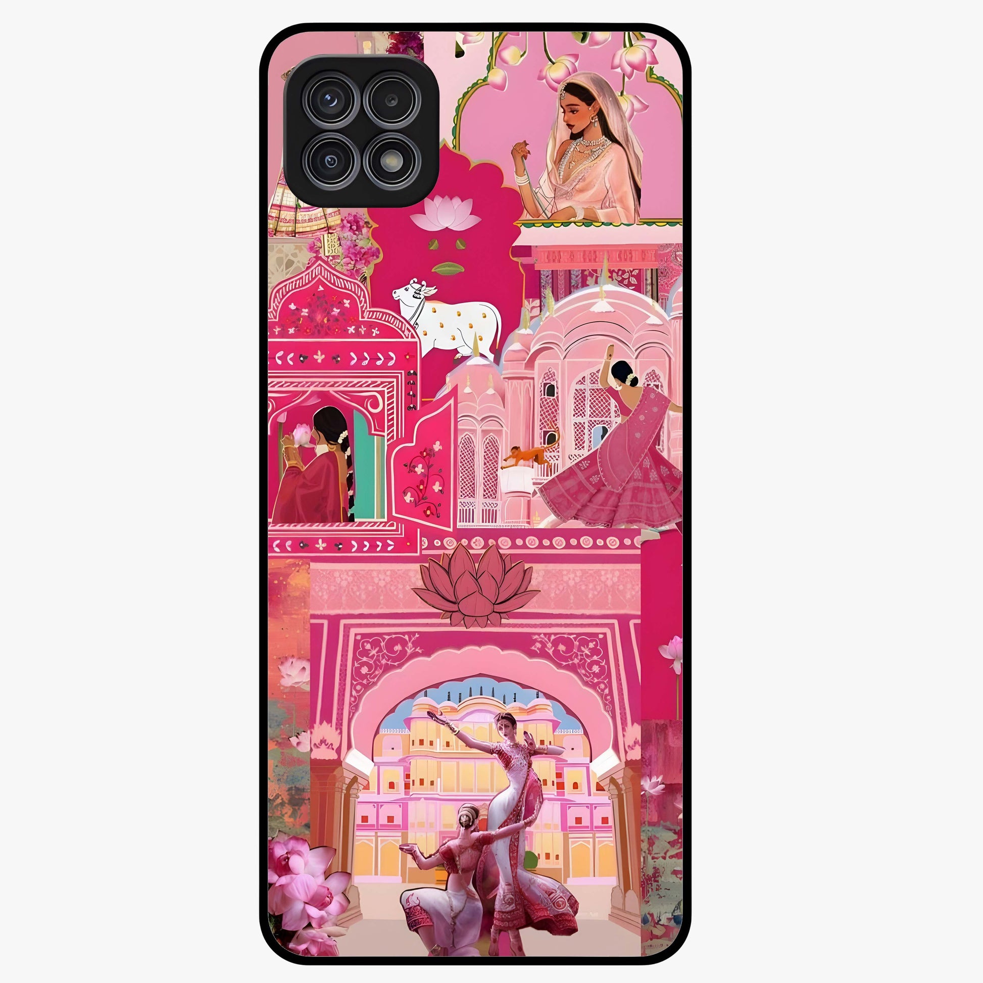 Pink Palace Muse Glass Case showing flat back view with elegant palace inspired artwork and glossy glass finish.