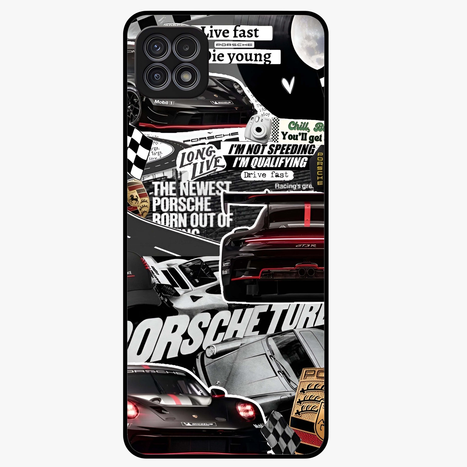 Porsche Racing Collage Glass Case showing flat back view with sports car racing collage artwork and glossy glass finish.