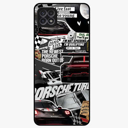 Porsche Racing Collage Glass Case showing flat back view with sports car racing collage artwork and glossy glass finish.